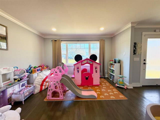 rec room with crown molding and dark hardwood / wood-style floors