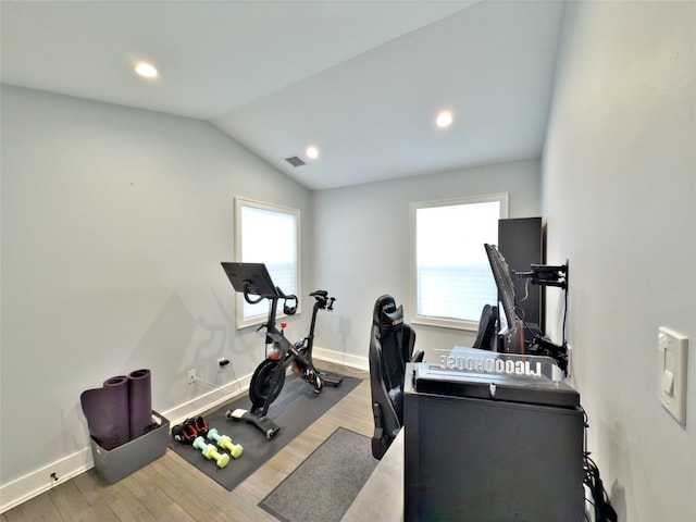 exercise room with hardwood / wood-style flooring, lofted ceiling, and a wealth of natural light