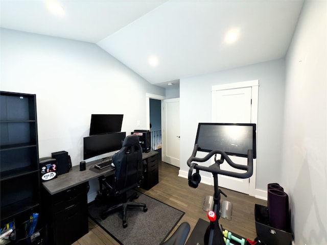 office area featuring lofted ceiling and dark hardwood / wood-style flooring