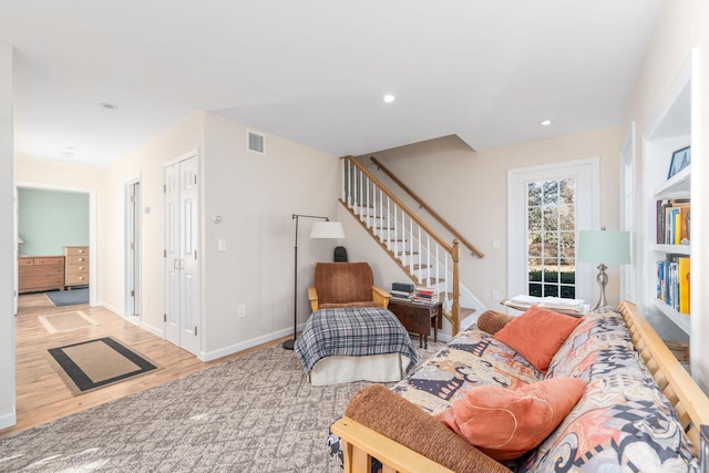 9875 Main Bayview Rd, Southold, NY 11971 - living area featuring wood finished floors, stairs, and recessed lighting