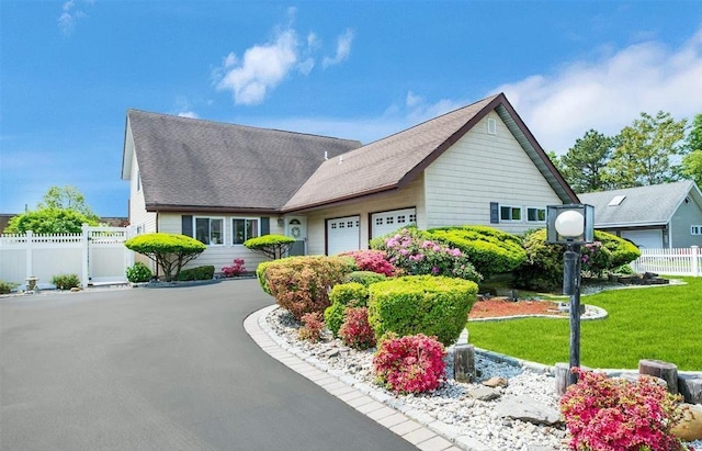 view of front of house with a garage and a front lawn