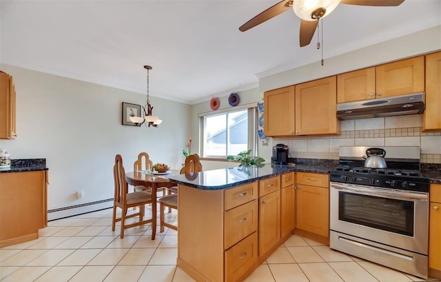 kitchen with decorative backsplash, ornamental molding, baseboard heating, kitchen peninsula, and stainless steel range with gas stovetop