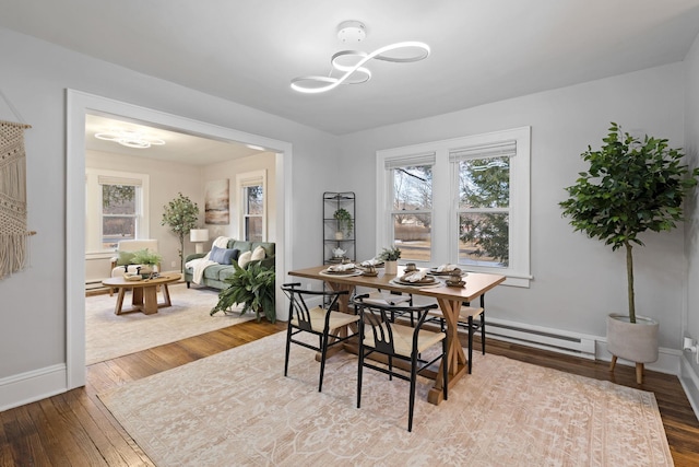 dining space featuring hardwood / wood-style floors, a wealth of natural light, and a chandelier