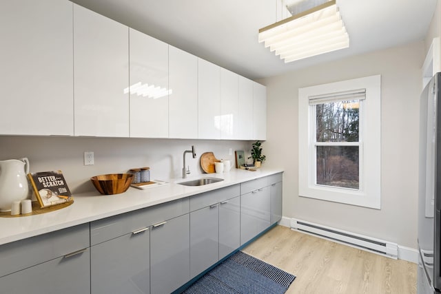 kitchen featuring a baseboard radiator, sink, gray cabinetry, white cabinets, and light hardwood / wood-style floors