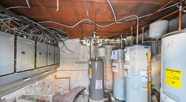 utilities featuring water heater, electric water heater, and electric panel