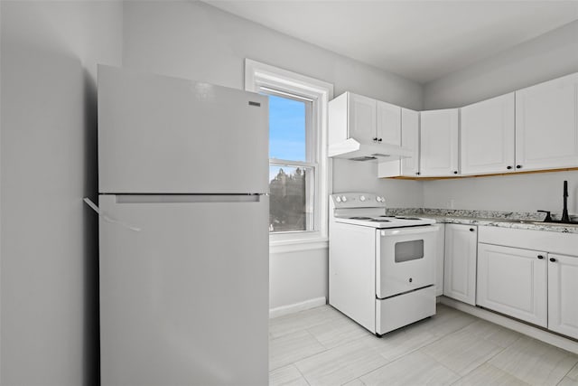 kitchen with white cabinetry, sink, white appliances, and light stone counters