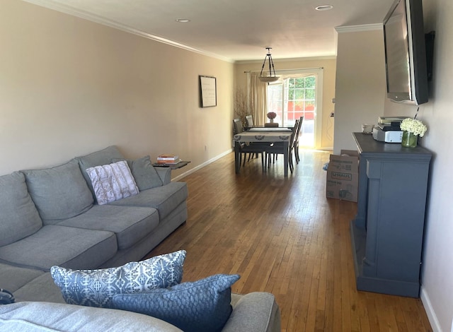 living room featuring crown molding and dark wood-type flooring