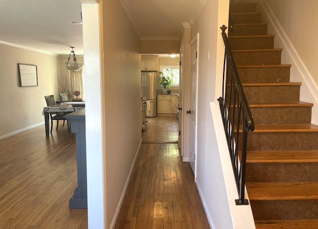 stairs featuring hardwood / wood-style floors and crown molding