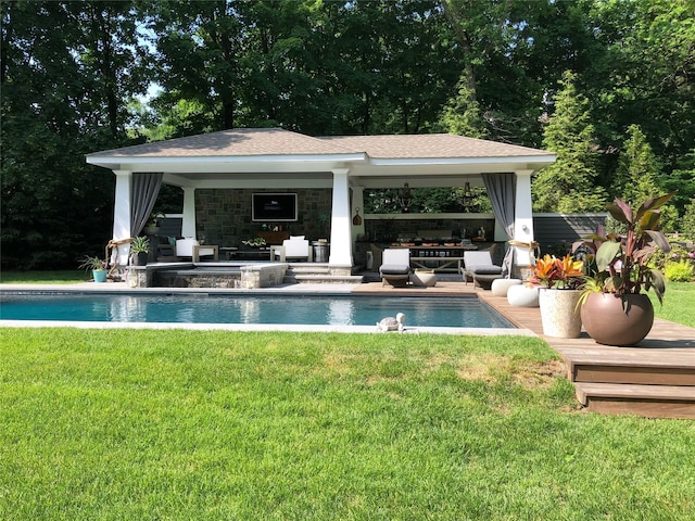 pool with a gazebo, a yard, and a patio