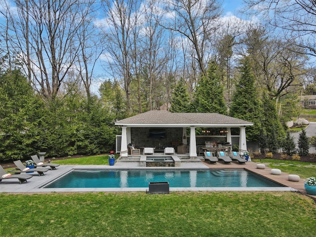 54 Lincoln Ave, Rye Brook, NY 10573 - pool featuring outdoor lounge area, a patio area, an outdoor structure, an exterior structure, and a lawn
