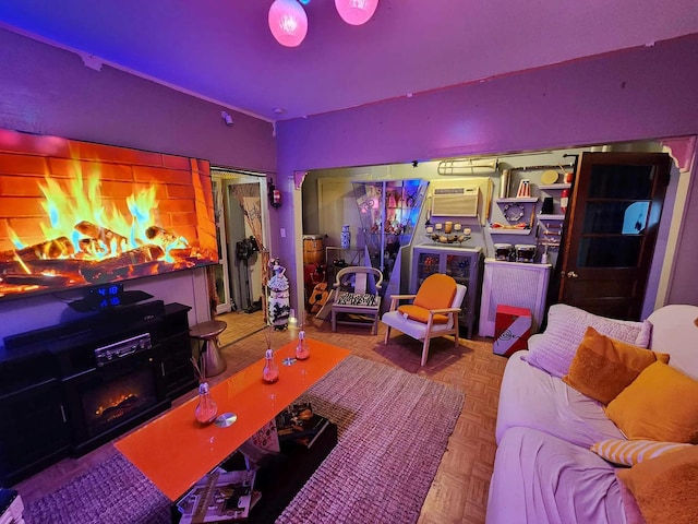 living room with a warm lit fireplace