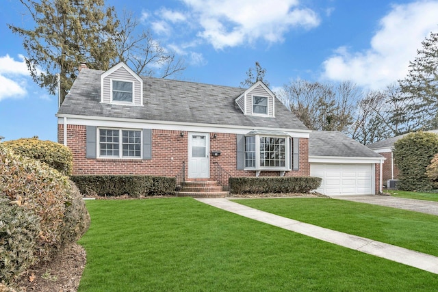 cape cod house with driveway, a garage, a front lawn, and brick siding