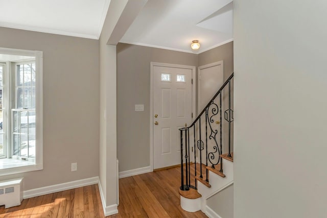 foyer with radiator, light wood finished floors, plenty of natural light, and ornamental molding