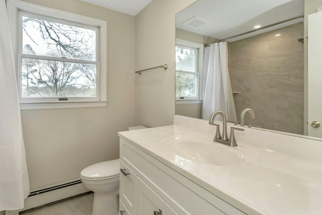 bathroom featuring visible vents, toilet, a shower with curtain, baseboard heating, and vanity