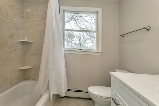 full bathroom with shower / tub combo, toilet, a baseboard radiator, wood finished floors, and vanity