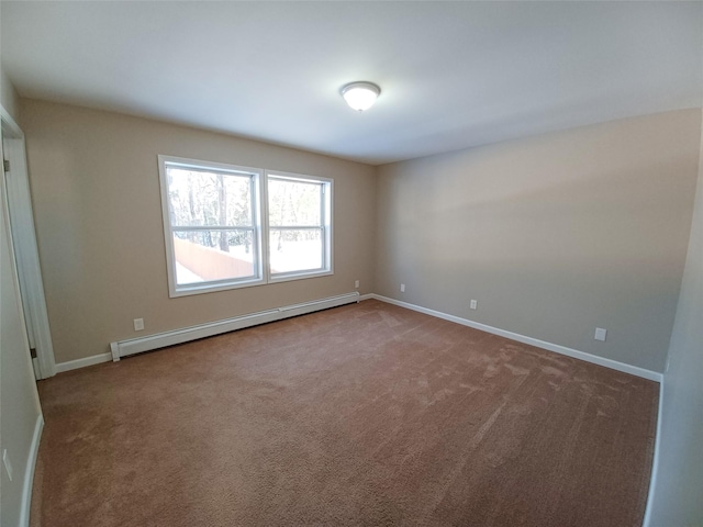 carpeted empty room with a baseboard radiator