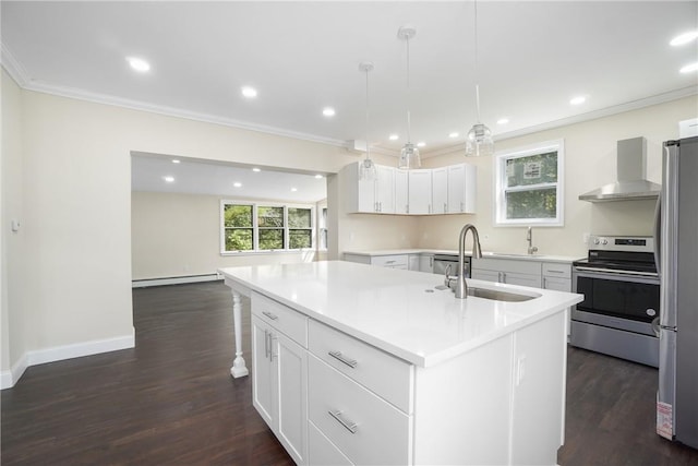 kitchen featuring wall chimney exhaust hood, sink, a baseboard radiator, appliances with stainless steel finishes, and a kitchen island with sink