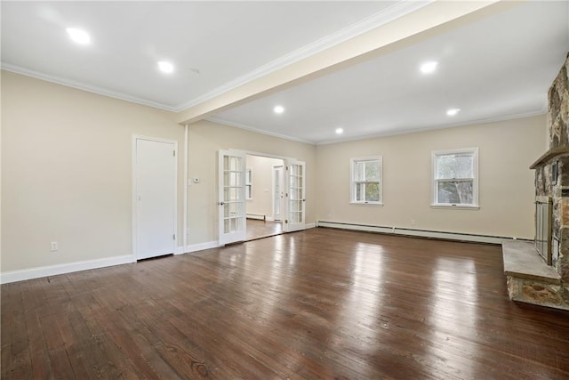 unfurnished living room featuring dark wood-type flooring, french doors, crown molding, a fireplace, and a baseboard heating unit