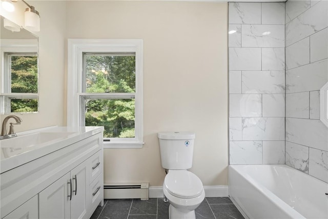 full bathroom featuring vanity, toilet, a healthy amount of sunlight, and baseboard heating