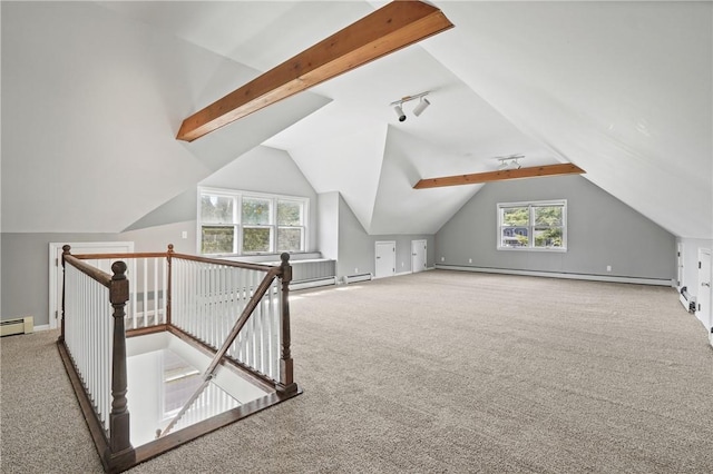 bonus room with carpet floors, vaulted ceiling with beams, and baseboard heating