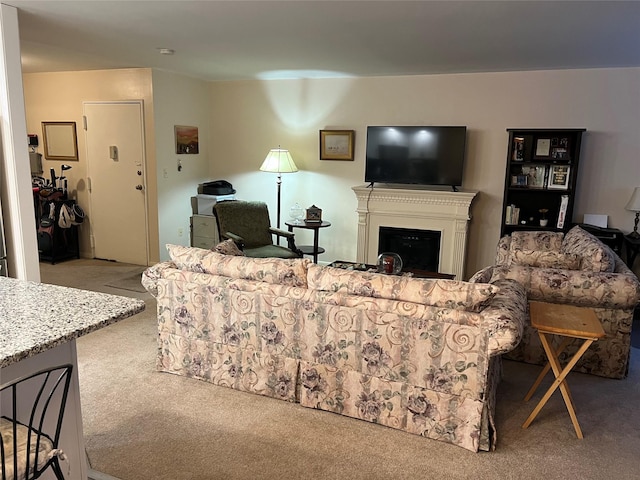 living room with a fireplace and carpet flooring