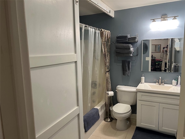 bathroom with shower / bathtub combination with curtain, vanity, toilet, and tile patterned floors