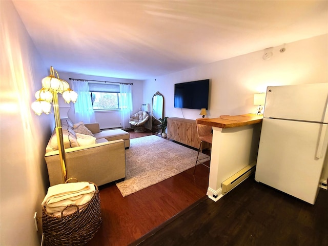 living room featuring a baseboard radiator and dark hardwood / wood-style flooring