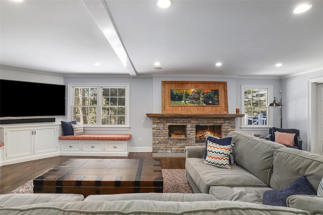 living room featuring ornamental molding, a stone fireplace, and dark hardwood / wood-style flooring