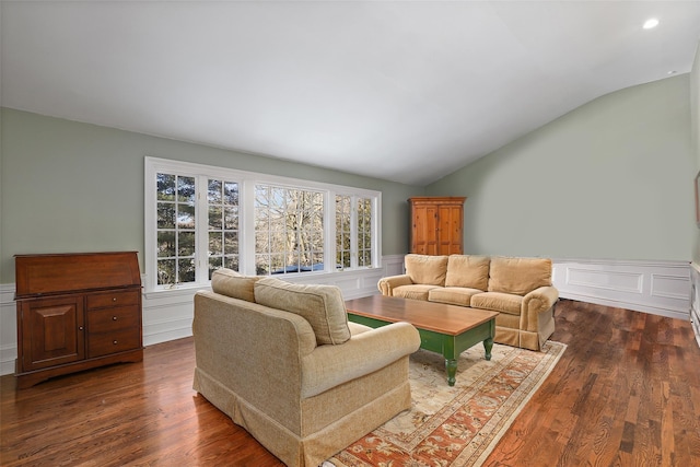 living room featuring lofted ceiling and dark hardwood / wood-style floors