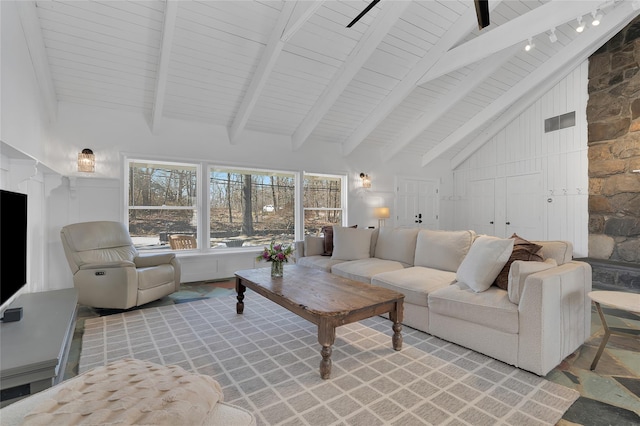 living room featuring wood ceiling, high vaulted ceiling, beamed ceiling, and visible vents