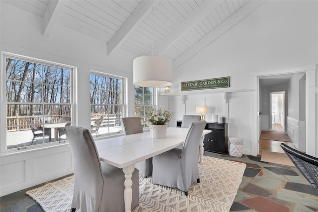 dining area featuring a wainscoted wall, wood ceiling, beamed ceiling, high vaulted ceiling, and a decorative wall