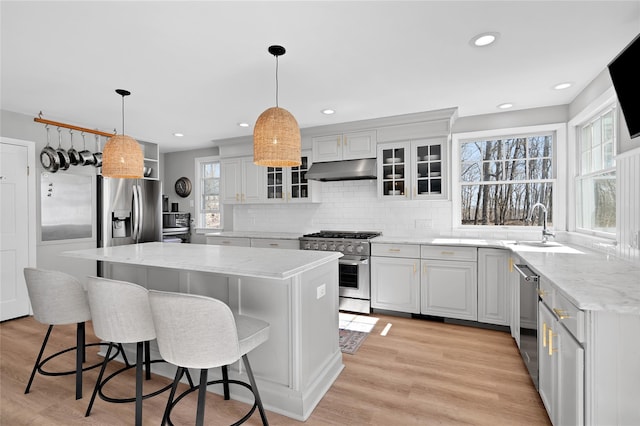 kitchen with light wood finished floors, appliances with stainless steel finishes, a sink, under cabinet range hood, and backsplash