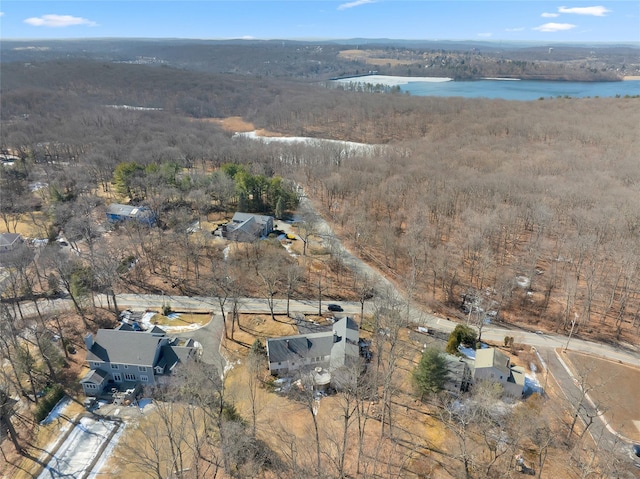 aerial view featuring a water view and a forest view