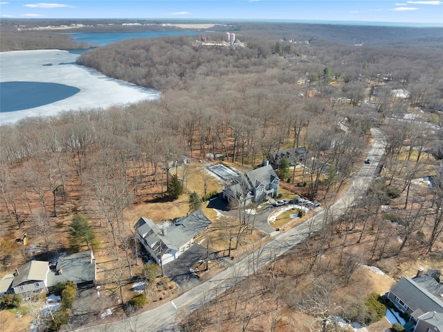 aerial view featuring a water view and a view of trees