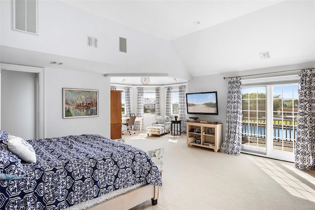 bedroom with carpet floors, access to outside, and high vaulted ceiling