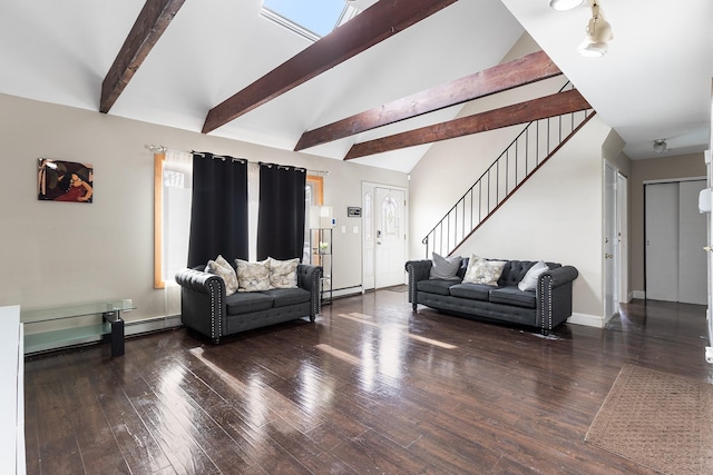 living room featuring a baseboard heating unit, dark hardwood / wood-style flooring, and vaulted ceiling with beams