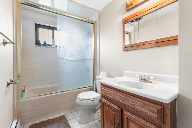 full bathroom with tile patterned flooring, enclosed tub / shower combo, vanity, baseboard heating, and toilet