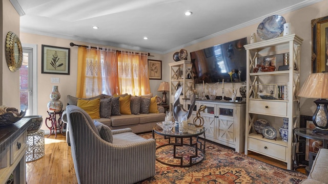 living room featuring crown molding and light hardwood / wood-style flooring