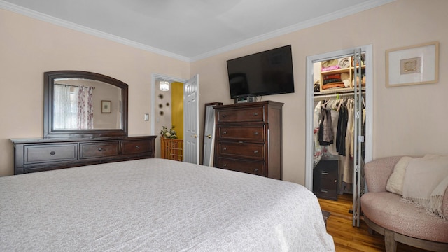 bedroom featuring ornamental molding, a spacious closet, light hardwood / wood-style floors, and a closet