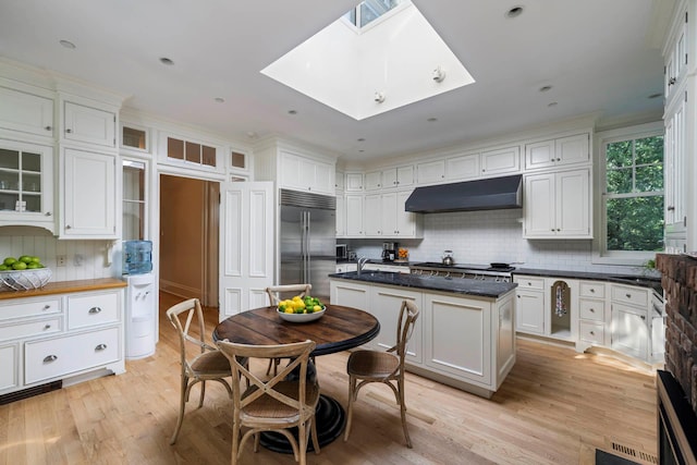 157 Merlin Ave, Sleepy Hollow, NY 10591 - kitchen with built in fridge, under cabinet range hood, backsplash, a skylight, and white cabinetry