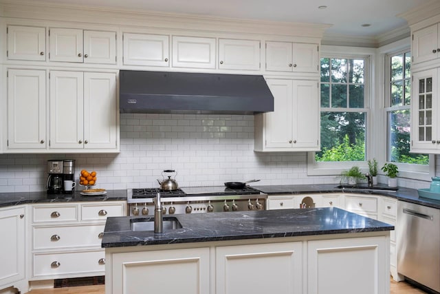 157 Merlin Ave, Sleepy Hollow, NY 10591 - kitchen featuring extractor fan, dishwasher, healthy amount of natural light, backsplash, and ornamental molding