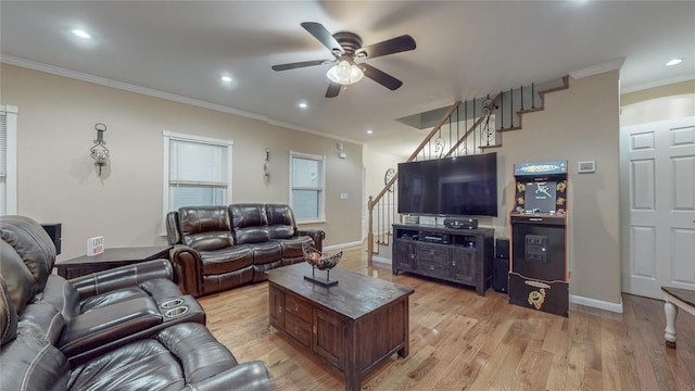 2850 Harrington Ave, Bronx, NY 10461 - living room with crown molding, ceiling fan, stairway, light wood finished floors, and baseboards