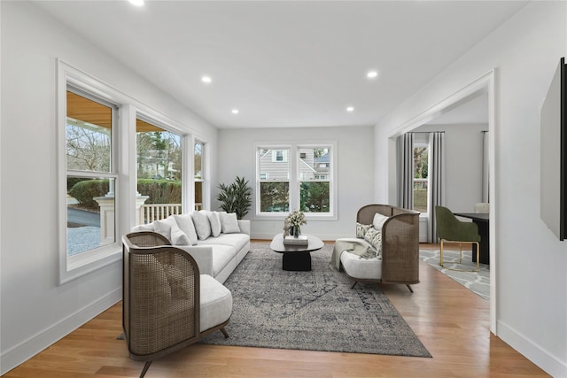 living room featuring a wealth of natural light and light hardwood / wood-style floors