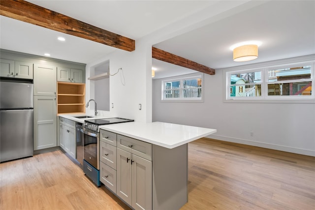 kitchen with sink, kitchen peninsula, beamed ceiling, and appliances with stainless steel finishes