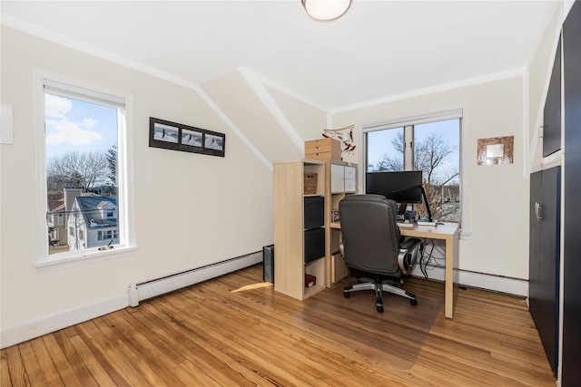 home office featuring hardwood / wood-style flooring and baseboard heating