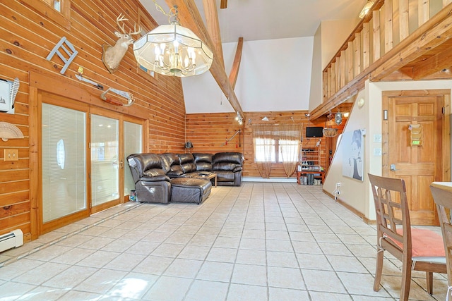 living area with high vaulted ceiling, light tile patterned flooring, beam ceiling, and an inviting chandelier