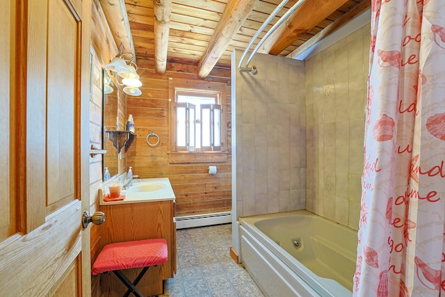 bathroom featuring wooden ceiling, a baseboard heating unit, vanity, beam ceiling, and shower / bathtub combination with curtain