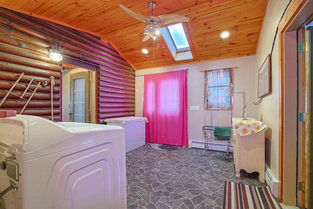 laundry room featuring a skylight, laundry area, wooden ceiling, log walls, and baseboard heating