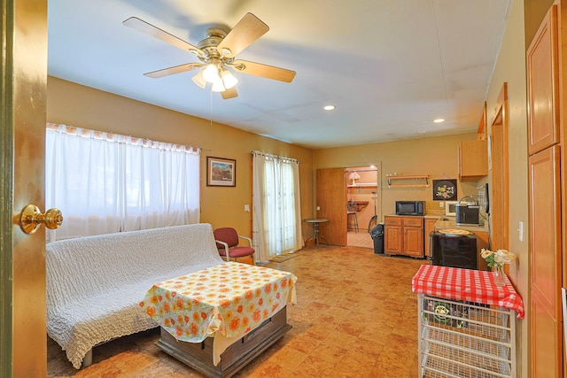 bedroom featuring ceiling fan and recessed lighting