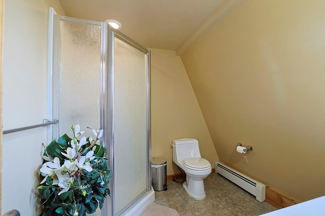 bathroom with a stall shower, baseboards, toilet, and baseboard heating
